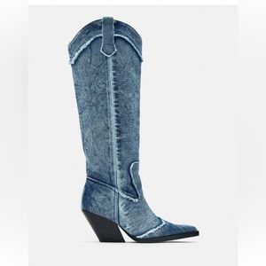 Zara Denim Cowboy Boots, Size 6.5